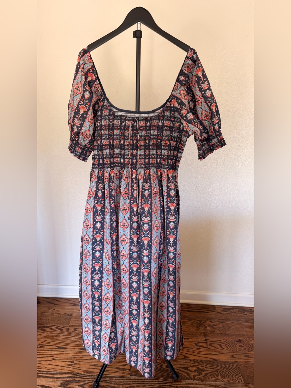 Hill House - Smocked Square-Neck Maxi Dress in Navy and Coral - Picture 2 of 5